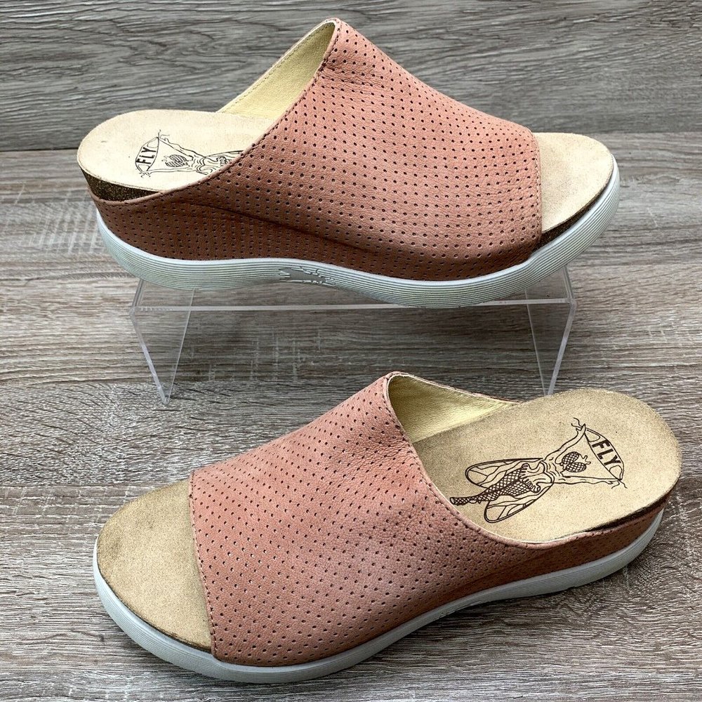 FLY LONDON Whin Mule Wedge Sandals Rose Cupido Perforated Leather EU 42 / US 11